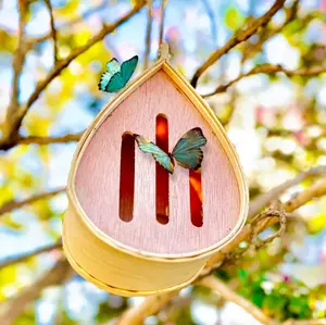 Pollinating Palace - Handcrafted Eco-Friendly Wooden Hanging Butterfly House, Natural Habitat to Attract Butterflies to Your Garden and Yard