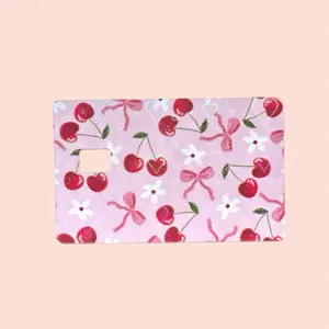 Holographic Hearts Cherries Coquette Credit Debit Card Skin with Pink Bow and Floral Design diy card