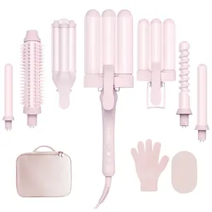 Curling Iron Set 7-in-1, Curling Wand Set with 7 Interchangeable Barrels Included A Heated Round Brush, 3 Hair Crimper, Ceramic Coating Protect Hair, with Gift Package (0.6"-1.25") Pink styling kit curler hairstyling