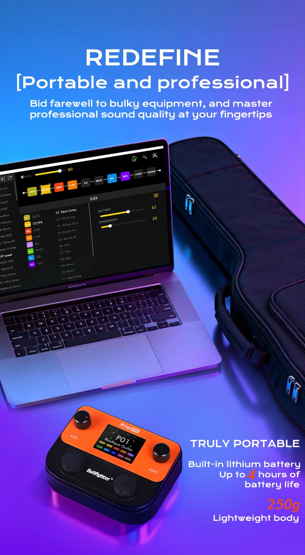 Bullfighter StageGO Digital Pocket Multi-Effects Pedal – Portable Guitar/Bass Processor with Built-in Battery, Bluetooth APP, USB Audio, 40+ Effects (Distortion/Delay/Reverb/Chorus) – Perfect for Beginners, Practice & Small Gigs