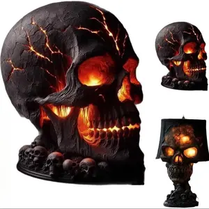 Halloween Lava Skull Lamp Handmade Volcanic Rock Night Light Ornaments, Spooky Home Party Garden Decoration, Create Mysterious Dark Atmosphere