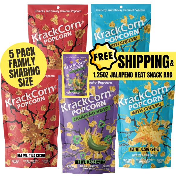 KrackCorn Popcorn Large 5-Bag Variety Pack+FREE Bag! Three Flavors. Crunchy Caramel. Savory Cheese. Spicy Jalapeno Heat. Gluten Free. Non GMO Corn. No High Fructose Corn Syrup.