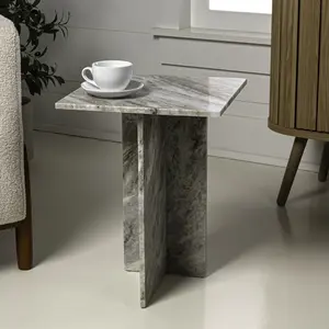 JONATHAN Y Cecil 14" Contemporary Natural Marble Handmade T-Shaped End Table, Gray/Beige