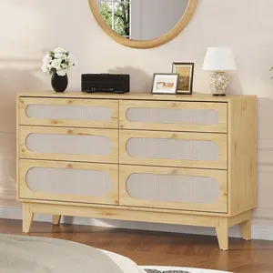 Yellow Dresser with Charging Station 6 Drawer Rattan Wood Chest with Solid Legs Multi Size Storage Cabinet for Bedroom Living Room Wood Color