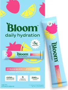 Bloom Daily Hydration Electrolyte Powder Packets with Collagen, 5g Protein, Electrolytes, Vitamins & Minerals, Sugar Free Drink Mix, Strawberry Lemonade, 5 Count