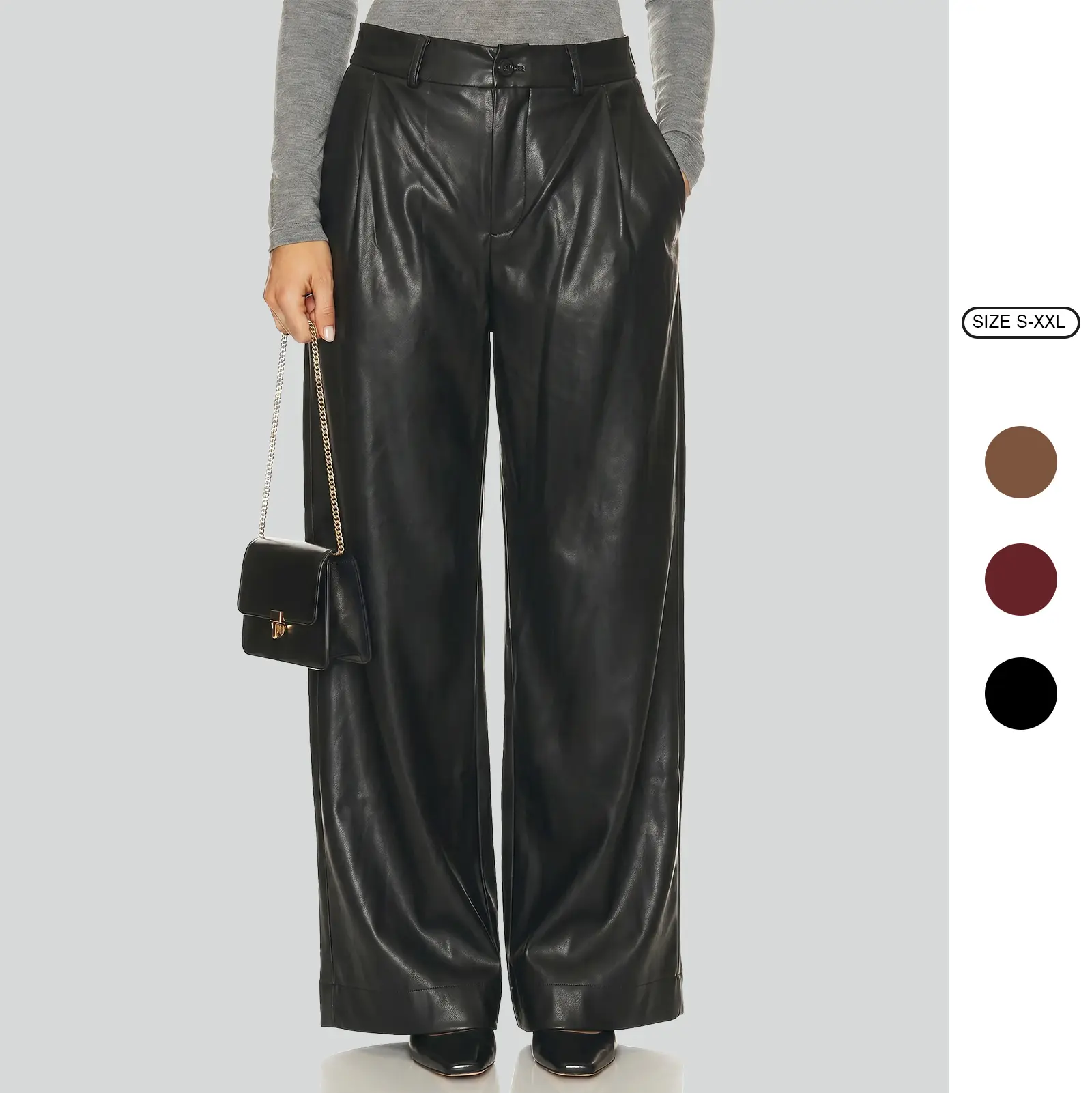 Imily Bela Women's High Waisted Pleated Faux Leather Wide Leg Pants, Black Tailored Palazzo Trousers With Pockets Business Casual Streetwear