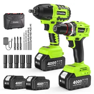 Taskstar 21V 800N.m Max Torque 1/2" Cordless Impact Wrench And 3/8" 80N.m Brushless Power Drill Combo Kit, with 2x 4.0Ah Batteries, 5 Sockets, Fast Charger, Car Repair, Home Renovation, Heavyduty Repa, DIY, Christmas Gift for Man