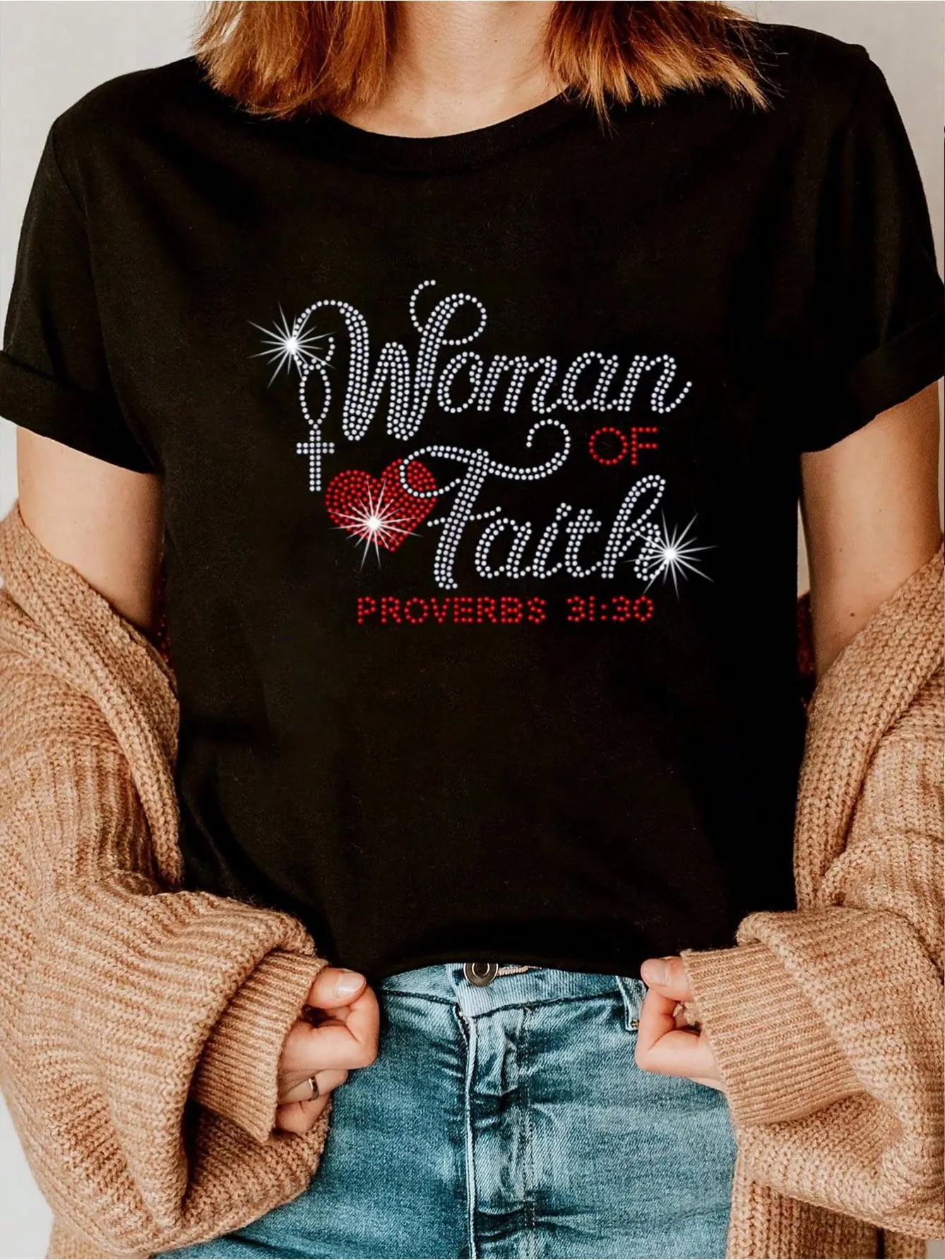 Women's Short-Sleeve Christian Inspirational Graphic Bling Rhinestone T-Shirt - Casual, Comfortable, Lightweight Stylish Women's Top, Shortsleeve, Style