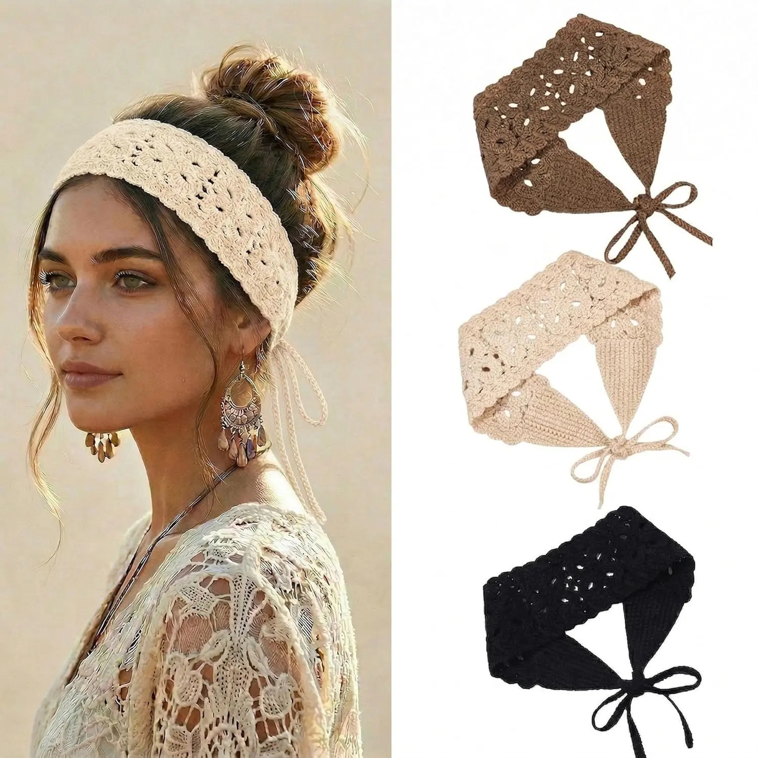Female 3-Pcs Breathable Crochet Hairbands - Elastic Handmade Floral Head Wraps, Bohemian Knit Tie Headbands for Birthday, Party (Black+Beige+Coffee) - Home Improvement, Building Supplies, Wallpaper & Wall Trim