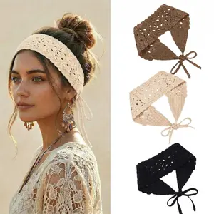 3Pcs Hairband Crochet Headband Women Floral Hairband - Elastic Handmade Crochet Head Wrap Bohemian knit Headband for Women and Girls (Black+Beige+Coffee) - Home Improvement.