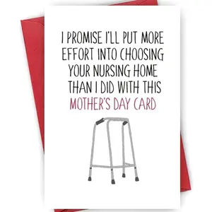 Humorous Nursing Home Mother's Day Card, Greeting Card with Envelope, Simple Mother's Day Gifts, Whimsical Design with Sarcastic Promise & Walking Frame Accent, Perfect for Mom with Dark Humor