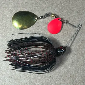 Custom Bingo Spinnerbait, 3/8oz Black Neon/Red Scales Double Colorado Red/Gold Blades with 80-Strand Tournament-Grade ProUmbrella Skirt, Brass-Based Premium Components, Hand-Crafted in Texas, USA.