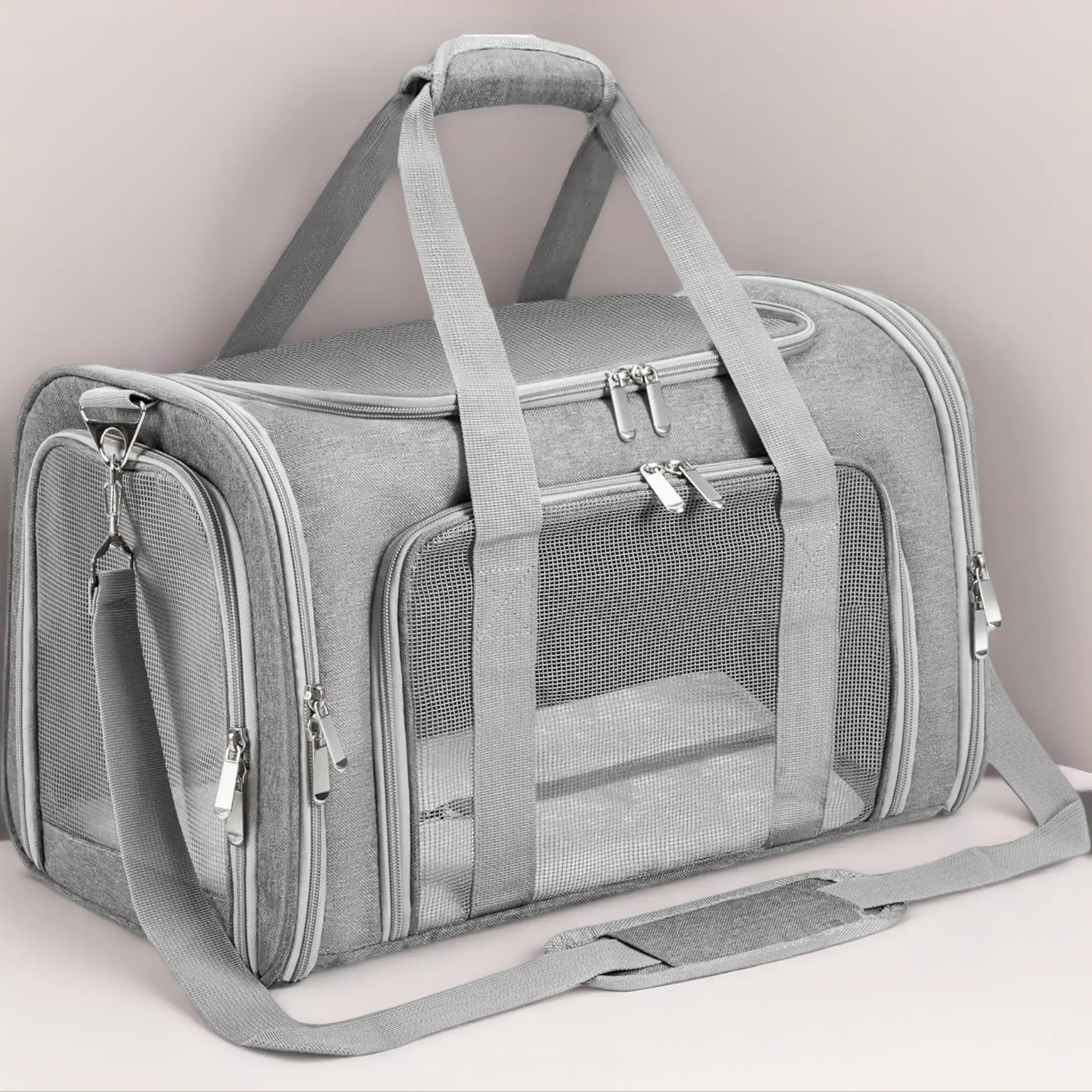 Portable Animal Carrier for Big Cats & Small Dogs, Airline-Approved Polyester Fabric Soft-Sided Foldable Travel Bag with Shoulder Strap, Handles, Removable Mat, Mesh Panels, 17" x 11" x 11", 16 Lbs Capacity