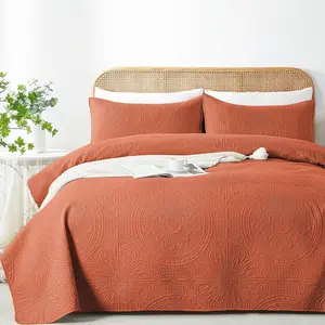 Full/ Quilt Set Burnt Orange, Embossed Bedspread, Lightweight Microfiber Coverlet, Modern Thin Bedding Set for All Season, 3 count(1 Quilt,2 Pillow Shams)