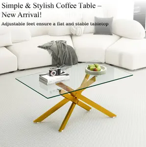 47.2" Tempered Glass Coffee Table for Living Room, Modern Gold Metal Legs, Easy Assembly & Clean, Adjustable Feet, 180lb Capacity