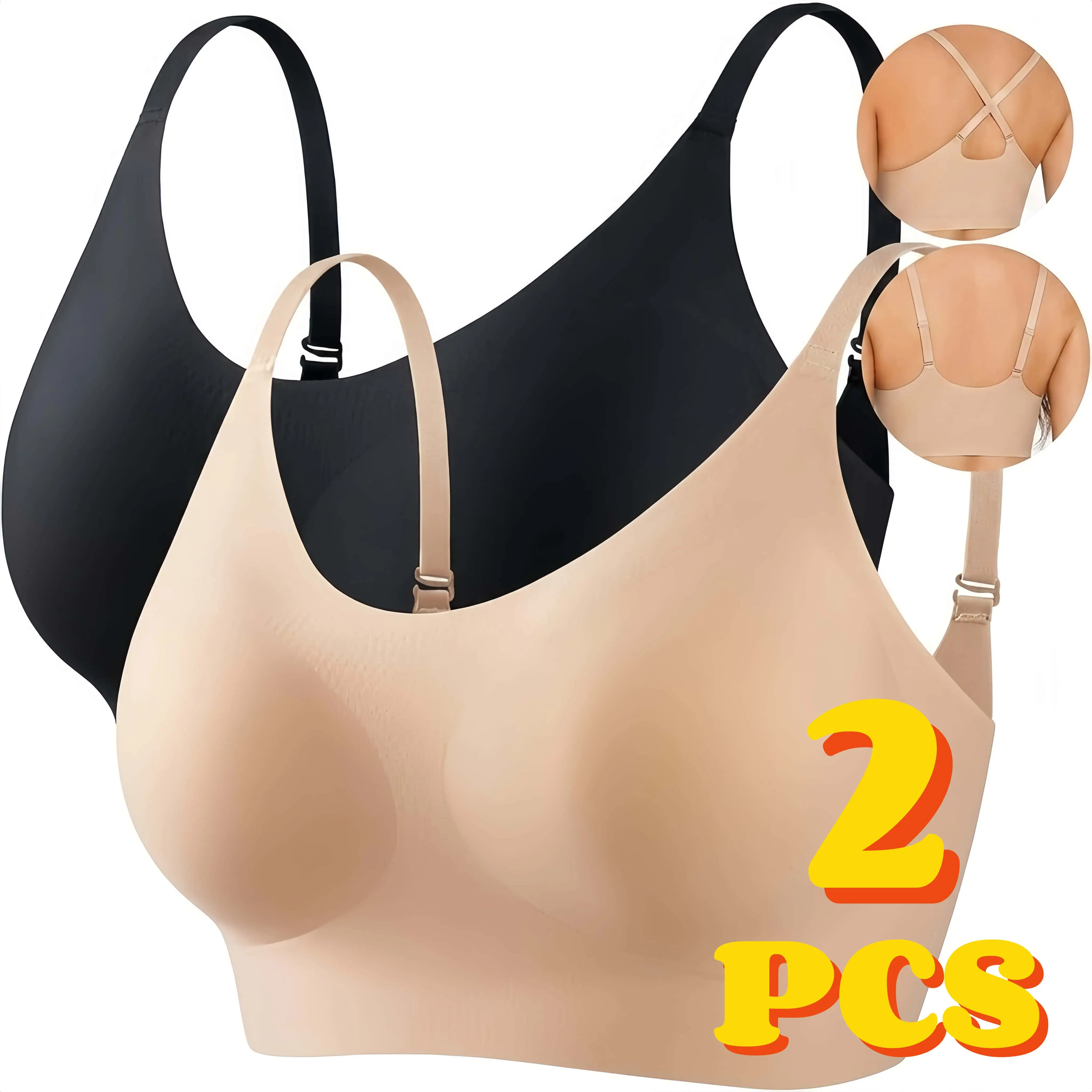 2-Pack Full Coverage Wireless Supportive Bra Push Up Plus Size Comfort Soft No Underwire Seamless Comfortable Wireless T-Shirt Everyday Bras Wings with Flexible High Stretch & Smooth Shape Recovery for Comfortable Wear-MM