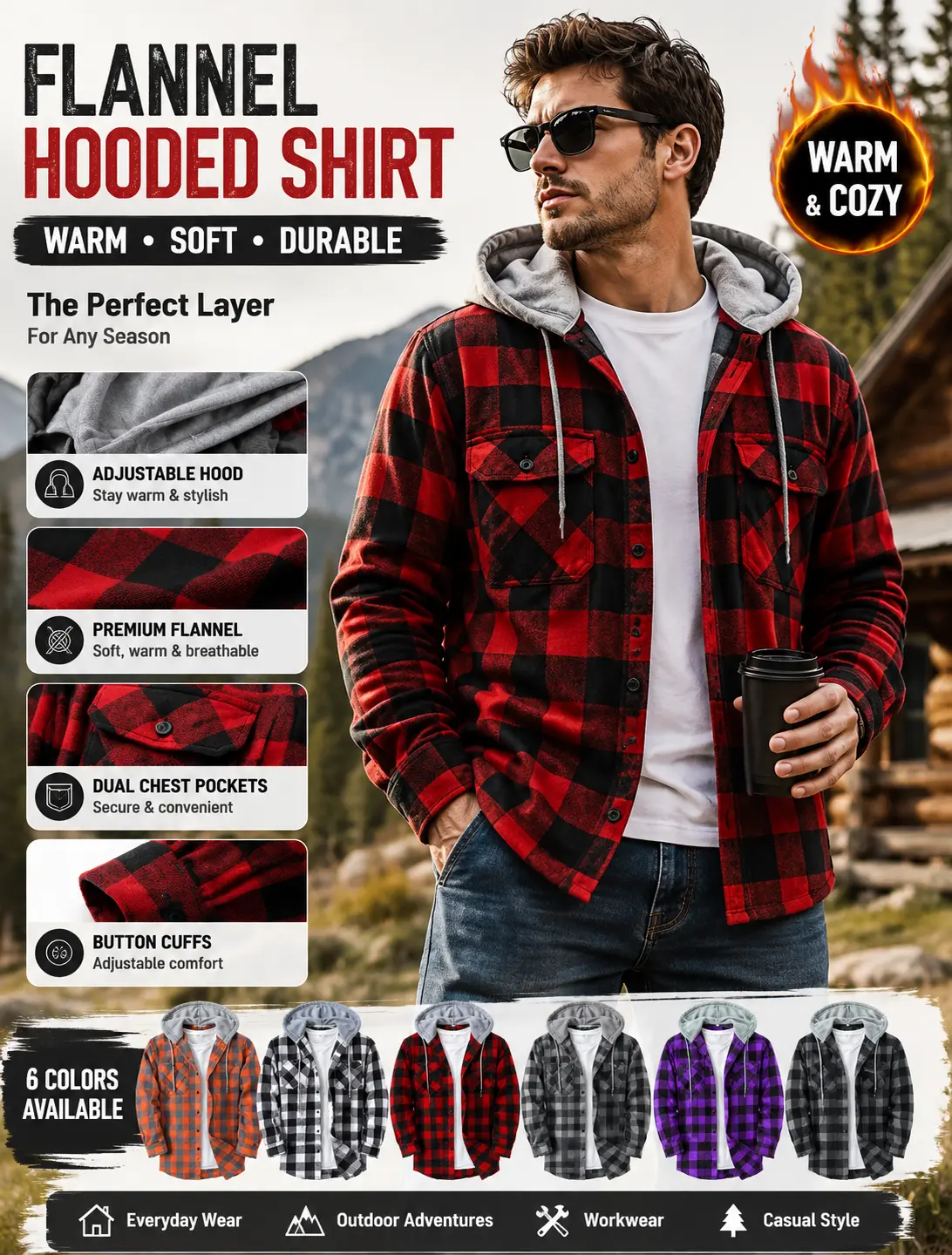 ZITY 5 Pack Men's Checkered Hooded Flannel Shirt - Longsleeve Biker Pullover, Casual Chic Button-Down Jacket with Chest Pocket, Drawstring Hood for Cozy Coverage, Business & Outdoors Checkered Hoodie, Standard Sizing Menswear Top, Hoodies & Sweatshirts, D