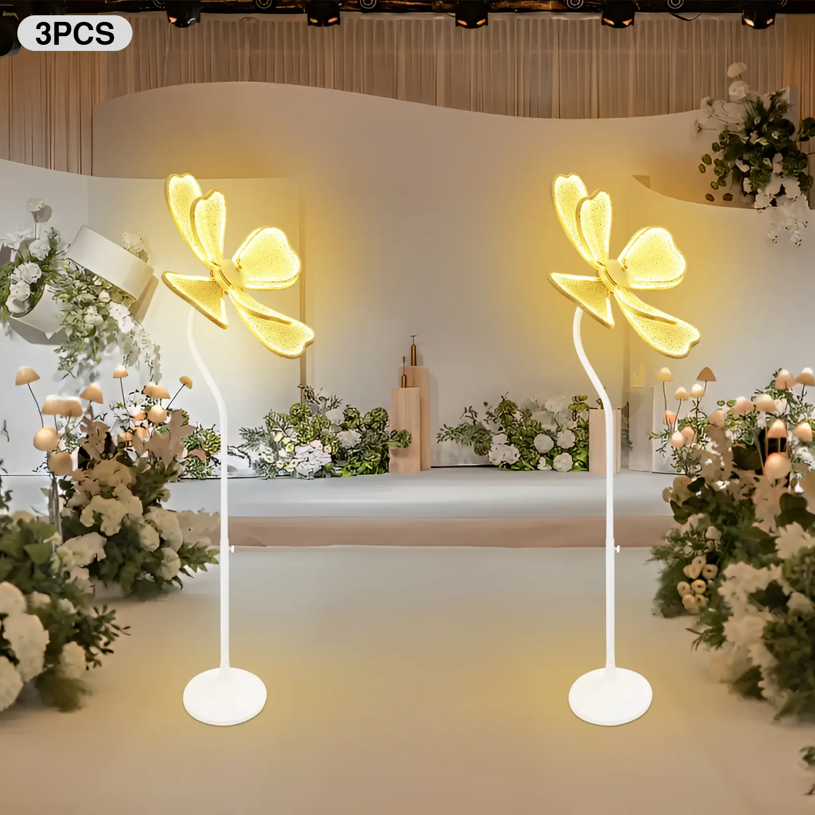 3-Pack Modern Warm LED Flower Floor Lamp with LED Strip, 3* Wedding Lights for Stage, Hotel Decorations, Indoor Window Decorative Display, Iron+Plastic, Indoor Use, 3Pcs, 50W, 3* Bases, 76*76*23Cm/29.92*29.92*9.06In