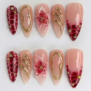 S181 Glossy Petal Press-On Nails, 3D Red Floral Charm, Gold Wire Accents, Chic Nude Base, Custom Handmade, Solana Nails Town