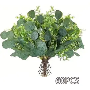 60 Pieces Artificial Eucalyptus Stems with Leaves, Plant Decorative Fake Leaves Branches, Wedding Bouquet Centerpiece Decoration, Artificial Flower Arrangements, Home Decor Accessory, Faux Plants Indoor