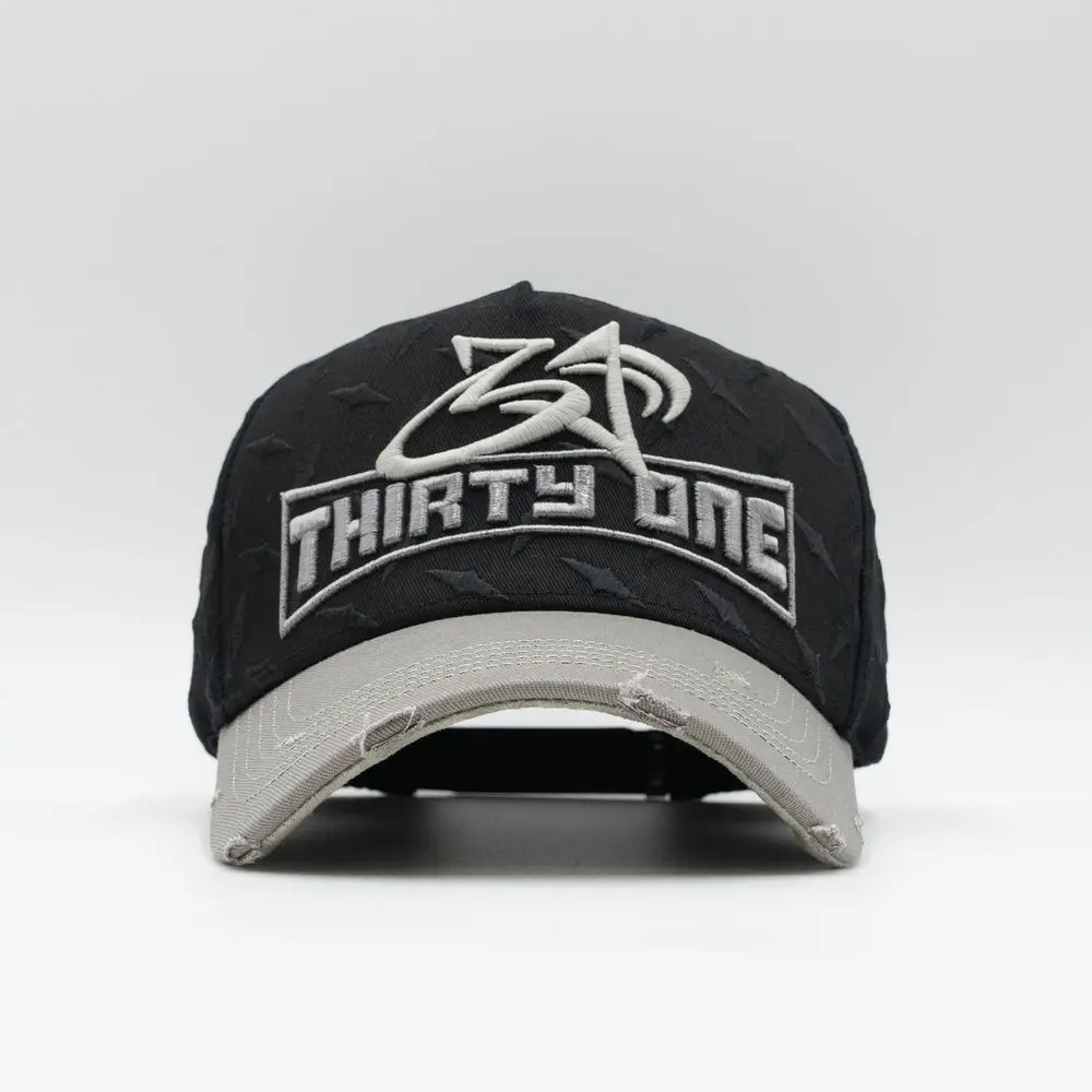 Thirty One Abstract Logo 3D Embroidery Baseball Cap All Over Hidden Star Jacquard Black Gray Two-Tone Distressed Frayed Brim Trucker Hat Adjustable Snapback Unisex Streetwear Hat