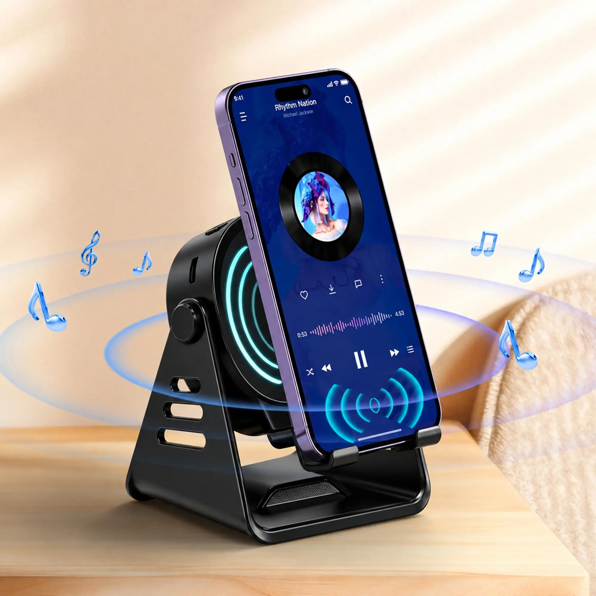 Wireless Induction Bluetooth Speaker with Phone Stand, 5-in-1 Adjustable Cell Phone Holder with Cyan LED Light, Hands-Free Desktop Audio for Music and Videos, Tech Gifts for Men and Women