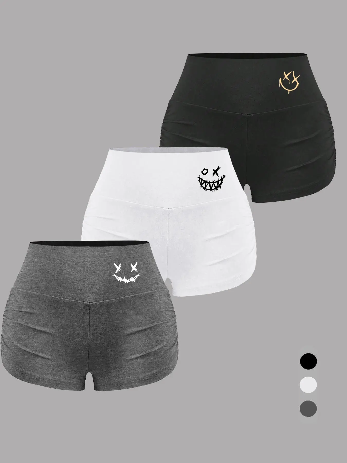 Y2K Summer High-Waisted Shorts, Cartoon Smile Pattern, Elastic Waist, Elastic Sporty Shorts, Soft Fabric, Ideal for Gym, Yoga, Home, Cycling, Fitness Shorts