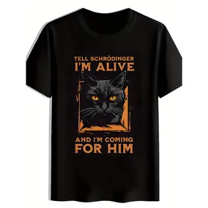 Quantum Mechanics Meme Print Men's T-Shirt Schrödinger's Cat Pattern Casual Crew Neck Top Quantum Enthusiast Gift Funny Tee for Friends Halloween Party Novelty Shirt Orange-Eyed Black Cat Print Apparel Humorous Design Pop Culture Comfortable Breathable Fa