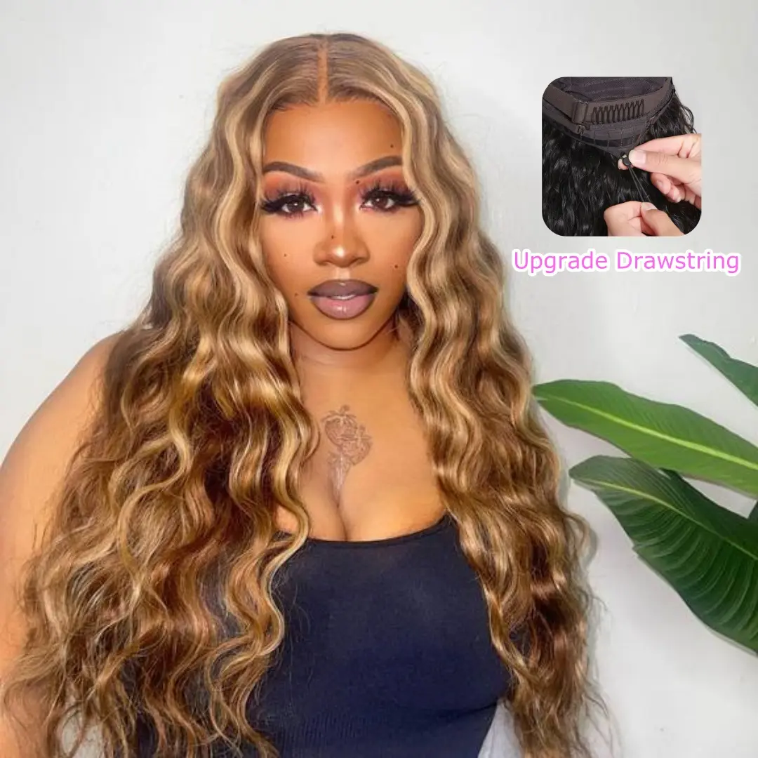 UNICE Glueless Closure Wig, Honey Blonde Highlights Body Wave Human Hair, 7x5 Pre-Cut HD Lace, 180% Density, Bleached Knots, Ready to Go, Quick Weave Hairstyles, Blonde Human Hair Wig