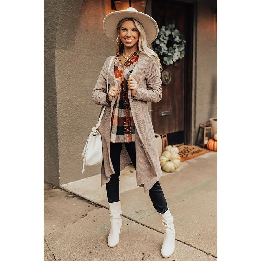 Coolest Feeling Waffle Knit Cardigan In Taupe