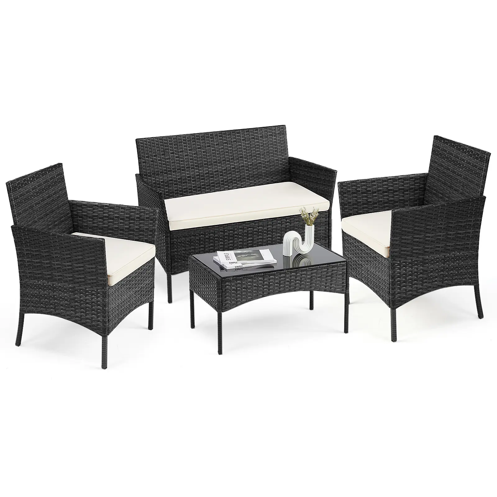 4-Piece Wicker Rattan Outdoor Patio Furniture Set - Conversation Set with Chairs, Loveseat and Coffee Table for Porch, Yard | Polyethylene Woven Outdoor Furniture, Patio Furniture Sets