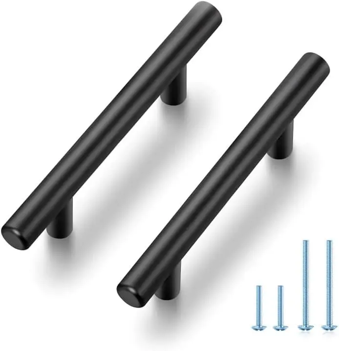 30-Pack 5-Inch Matte Black Stainless Steel T-Shaped Cabinet Door Handles - 3-Inch Hole Center Furniture Hardware, Durable, Easy Installation, Contemporary Elegance, Sized Screws for Most Depths, 2 Screw Sets, 5 Inches