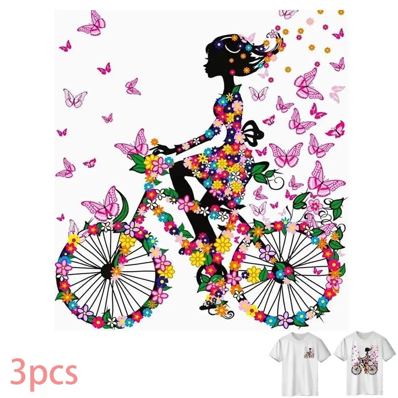 Colorful Flower Bicycle Pattern DTF Heat Transfer Vinyl, Washable DIY Iron-On Applique for T-Shirts, Jeans, Hoodies, Backpacks, Durable PVC Material, Water-Resistant Heat Press Design