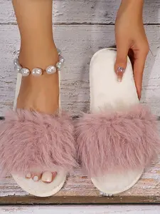 Women's New Fuzzy Home Slippers, Fashionable Design, Soft Plush, One-Piece Easy Wear, Comfortable Fall & Winter Casual Shoes