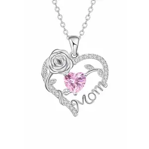Heart Rose Mom Pendant Necklace, Love Heart Necklace, Mom Necklace for Mama Aunt Nana Grandma Birthday Mother's Day Jewelry Gift