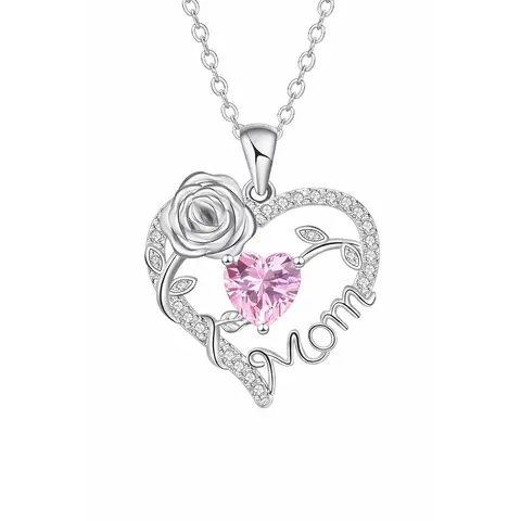 Heart Rose Mom Pendant Necklace, Love Heart Necklace, Mom Necklace for Mama Aunt Nana Grandma Birthday Mother's Day Jewelry Gift