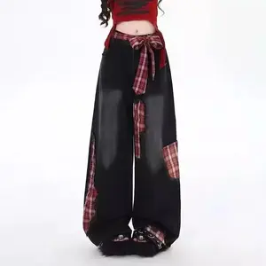 Women's Red Plaid Patchwork Baggy Wide Leg Jeans Y2K Grunge High Waist Distressed Denim Pants