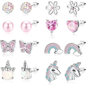 Thunaraz 8 Pairs Cute Screw Back Stud Earrings for Women, Pink Zircon Heart Earrings, Stainless Steel Flower & Butterfly Screw Back Earring Set