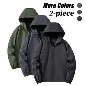 Menswear Men's Plain Long Sleeve Stylish Hooded Windproof Full-Zip Mesh Lined Coat - Outdoor Raglan Sleeved Outerwear with Elastic Cuffs, Casual Softshell for Hiking, Commuting