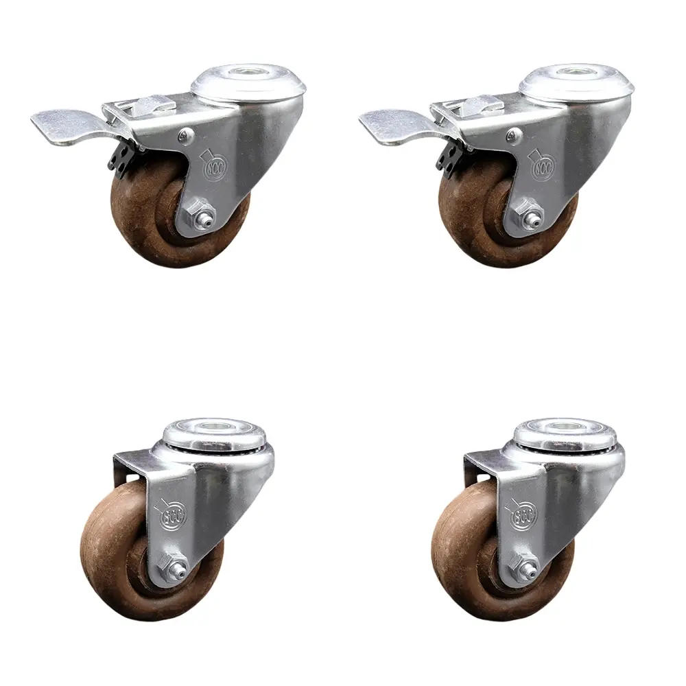 212 MAIN Service Caster SCC-SSBHTTL20S3514-GFNSHT-2-S-2 Stainless Steel High Temperature Glass Filled Nylon Swivel Bolt Hole Caster, 3.5x1.25 in. Brown Wheels, Lock Brake, Floor Safe - Set of 4