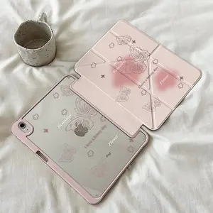 Butterfly Charm Pink Flower Pattern, with Adjustable Bracket and Pen Slot, Foldable Anti Slip Y-Fold TPU Protective Cover, Suitable for Samsung, iPad Mini, iPad Air, iPad Pro/iPad 10th and 11th Generation Series iPad Protective Cover