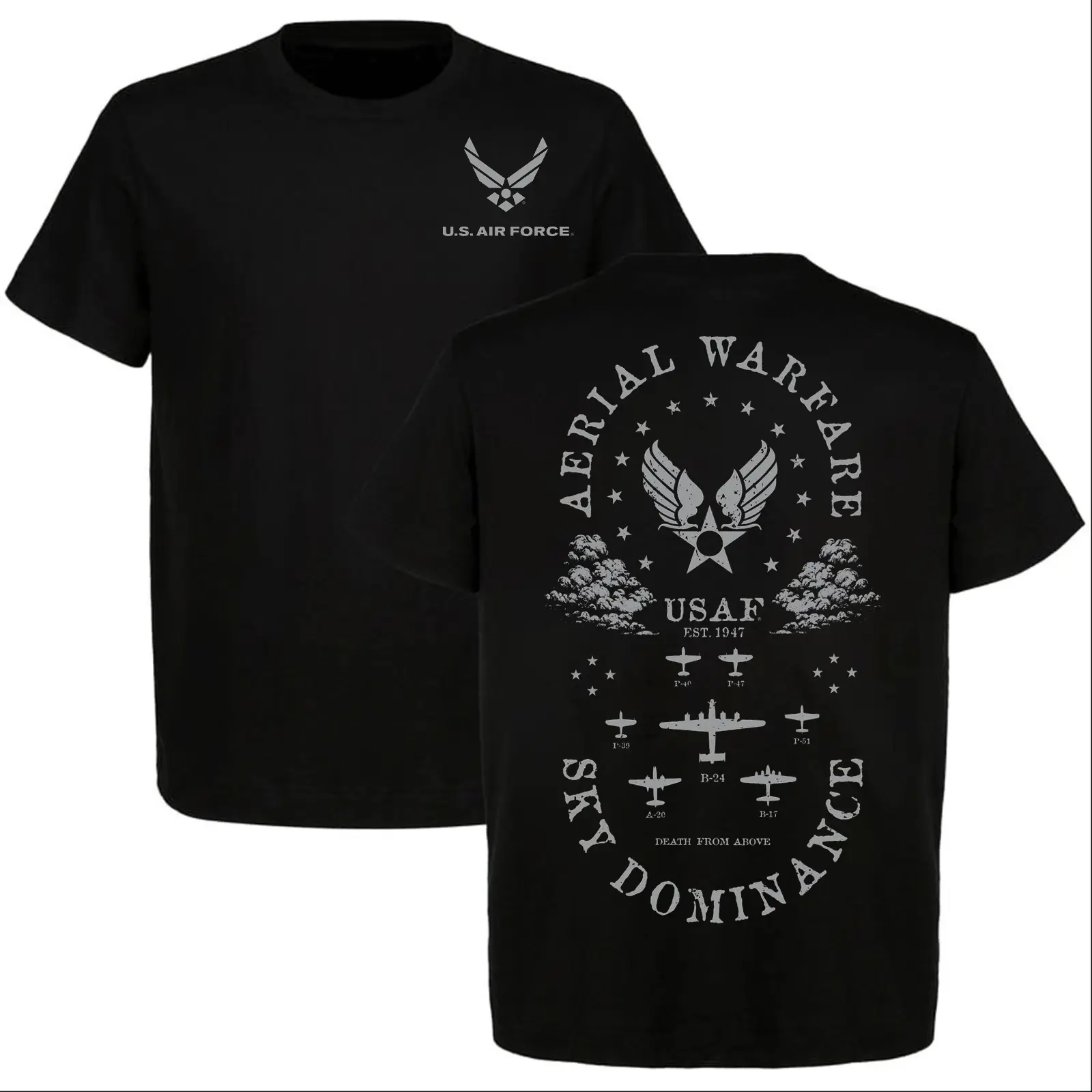 US Military Aviation Round Neck T-Shirt - Patriotic Aerial Warfare Graphic Streetwear Top, Vintage Sky Dominance Casual Tee for Veteran Men-Women, Tshirt, Vintage Print, Cold Wash, Shortsleeve, Pure Cotton, Unisex Fit, Crew Neck, 3Xl, Do Not Bleach