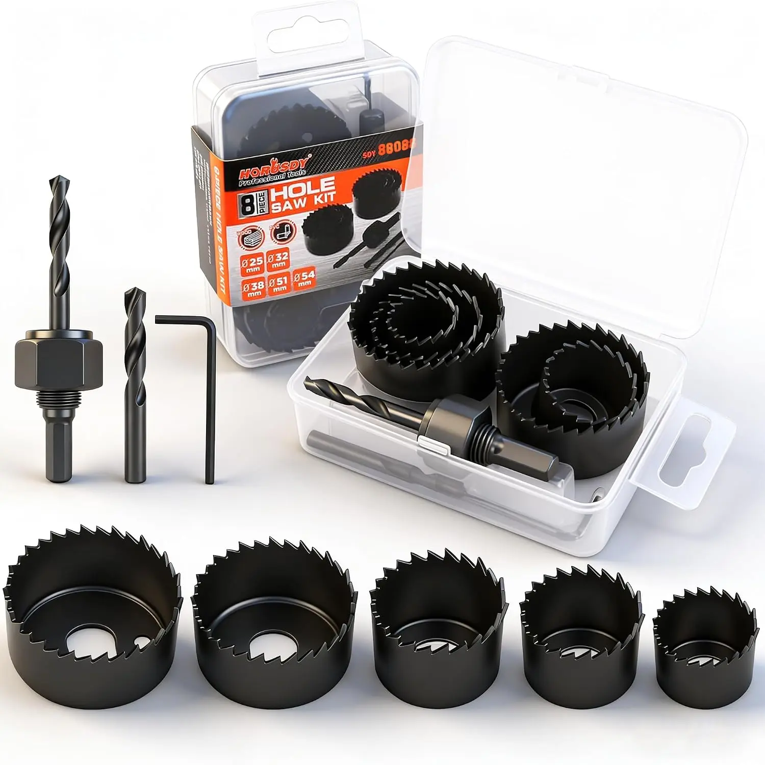 8PCS Hole Saw Kit, 1"–2-1/8" (25–54mm), with 2 Pcs Drill Bits, Mandrel & Hex Key, Smooth Cut, DIY-Friendly Set for Soft Wood, Plywood, PVC