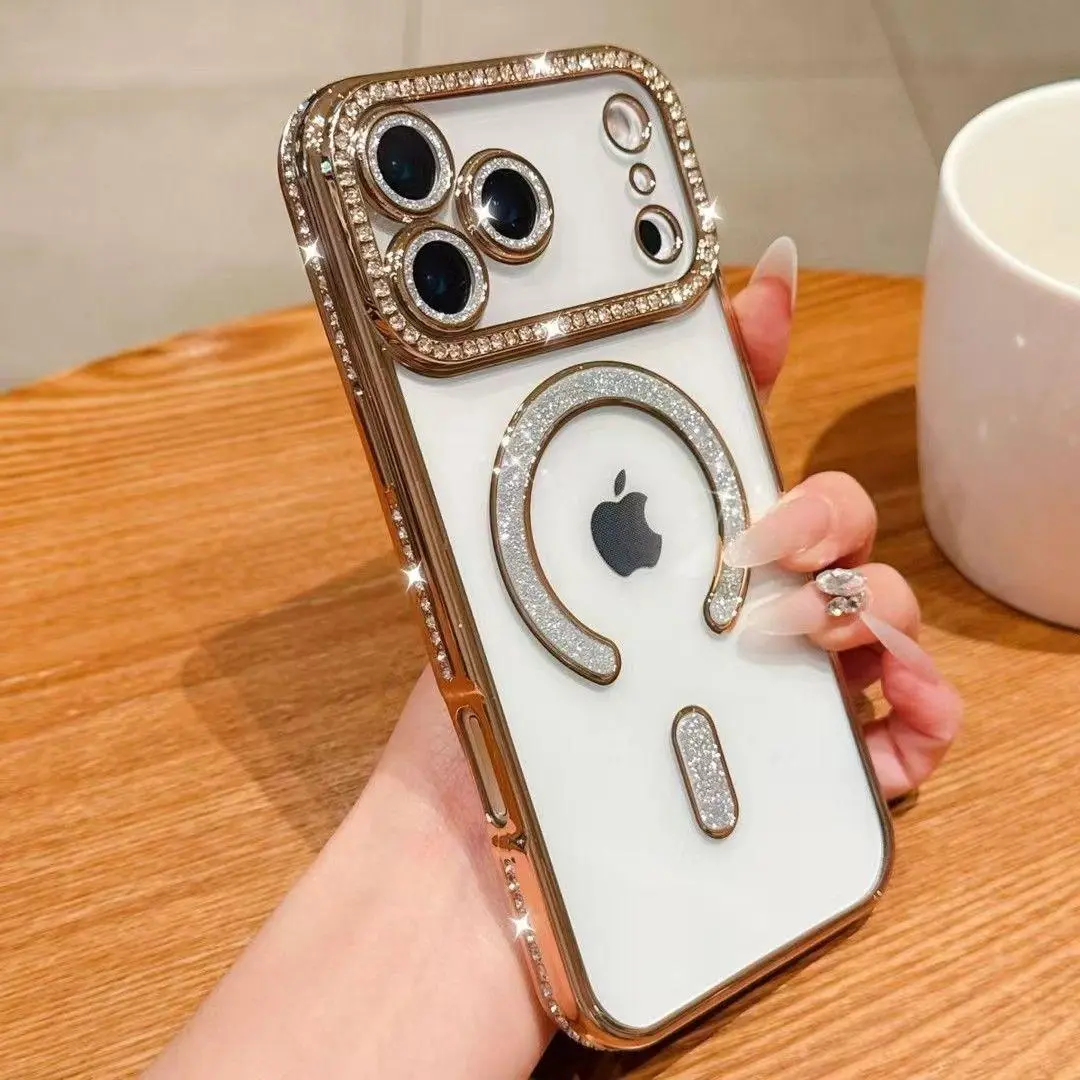 Bling Rhinestone MagSafe Clear Phone Case for iPhone, Glitter Diamond Electroplated Frame Lens Protective Cover, Luxury Sparkly Shockproof Transparent Phone Shell for Women Girls Magnetic Metal