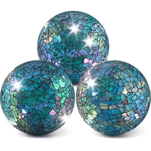 3Pcs Mosaic Glass Orbs Decorative Balls 8.5cm/3.35inch Sphere Wedding Party Home Decor Table Centerpiece (Colorful Blue)