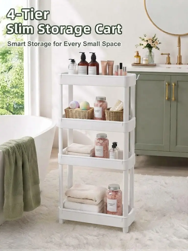 Multi-Tiered Plastic Frame Storage Organizer - Waterproof, Lightweight 2/3/4-Tier Sturdy Shelf Unit with Locking Wheels for Bathroom/Kitchen, Dorm Essentials, White Utility Rack for Home Organization