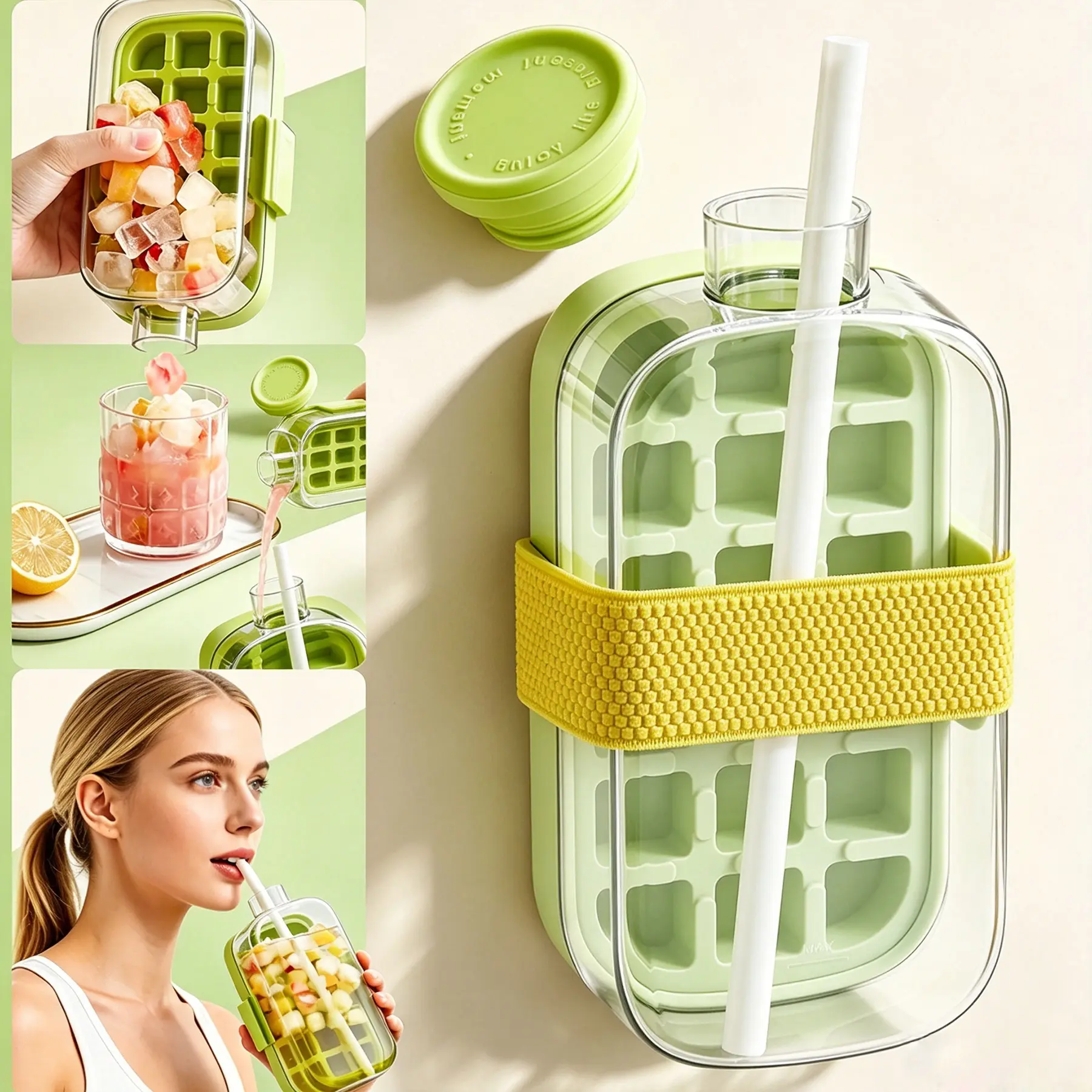 2-in-1 Reusable Eco-Friendly Ice Cube Maker Bottle Tumbler with Lid Sealed Straw, Freezer Safe Adjustable Press-Release Silicone Ice Tray, Portable Cold Drink Cup for Summer Home Camping, Beverage Enthusiasts