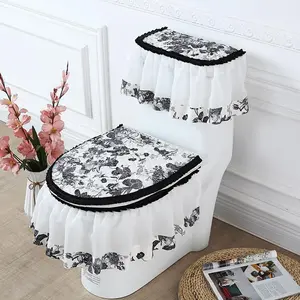 All-season Breathable Velvet Toilet Seat Cover Set Three-piece Lace Fabric Zippered for Home Use Army Green Restroom Bathroom Accessory Gifts Installation