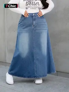 Women's Plus Size Fashion Denim Skirt, Washed Effect, Loose Fit, Street Style, Daily Wear, Four Seasons Denim Skirt for Women, Streetwear