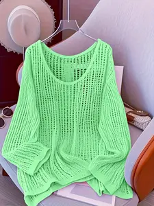 Women's Summer Boho Style Big Size Boat Neck Long Sleeve Knit Hoodie, Casual Outerwear, Vacation Fashion, Plus Size Sweater